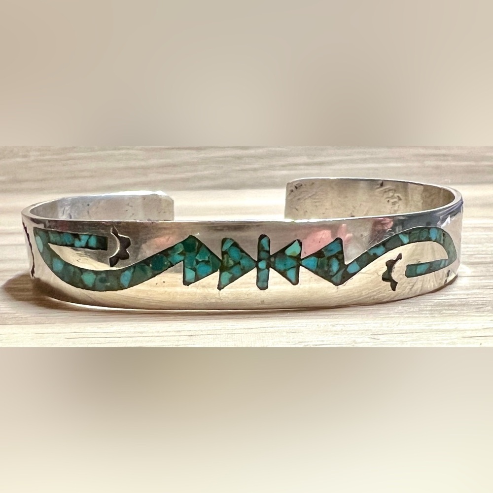 Navajo Designer Signed J Tom Sterling Silver Turquoise Inlay Cuff Bracelet - Picture 1 of 7